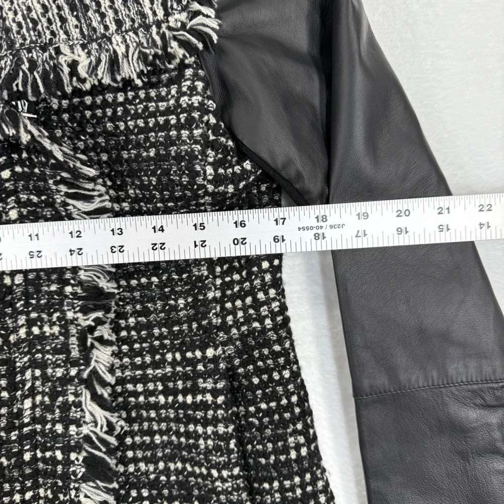 Vince Tweed Leather Moto Jacket Black‎ White Fringe Womens Size M